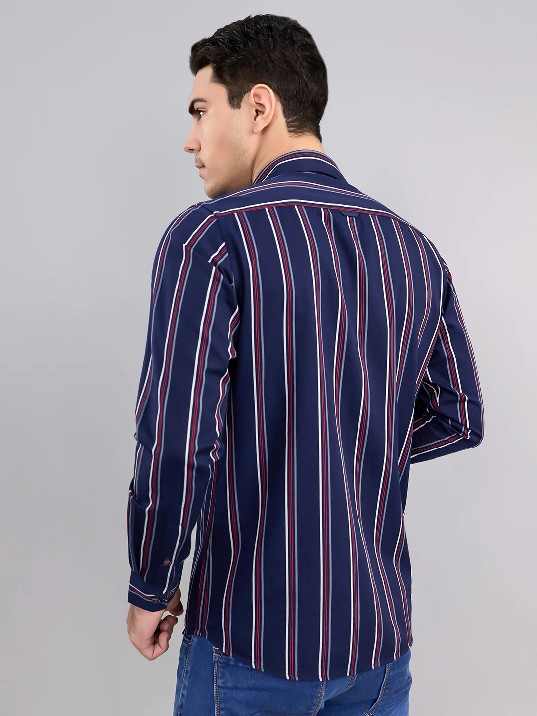 Men Navy Blue Stripe Collar Full Sleeve Shirt - Image 4