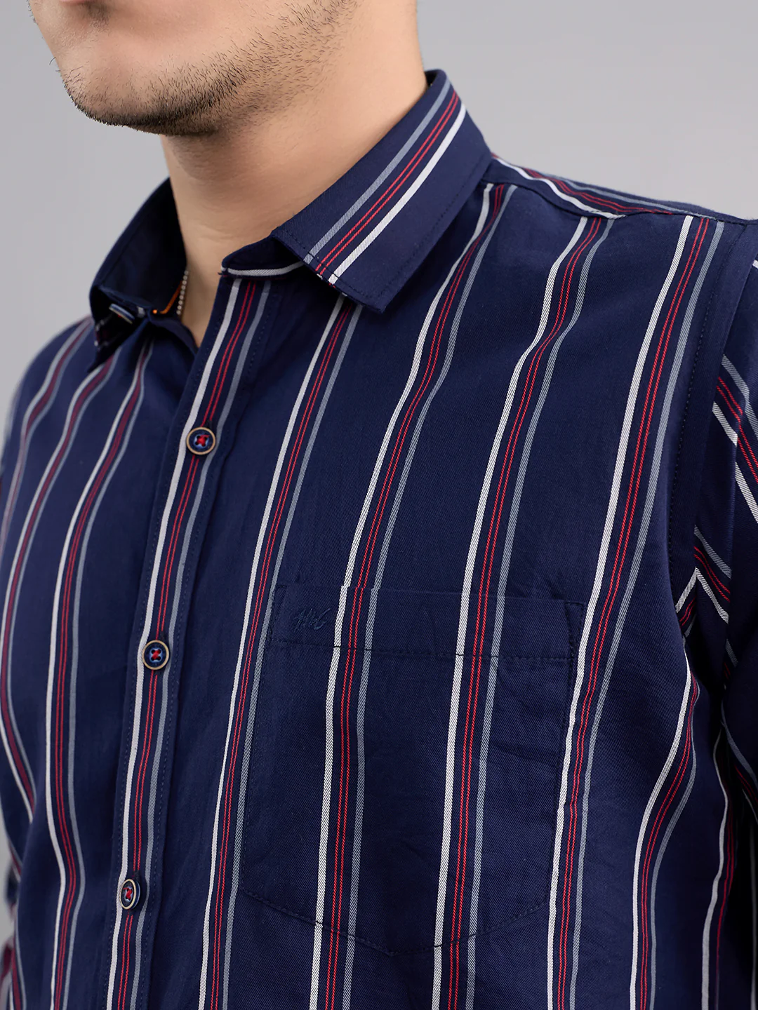 Men Navy Blue Stripe Collar Full Sleeve Shirt - Image 5