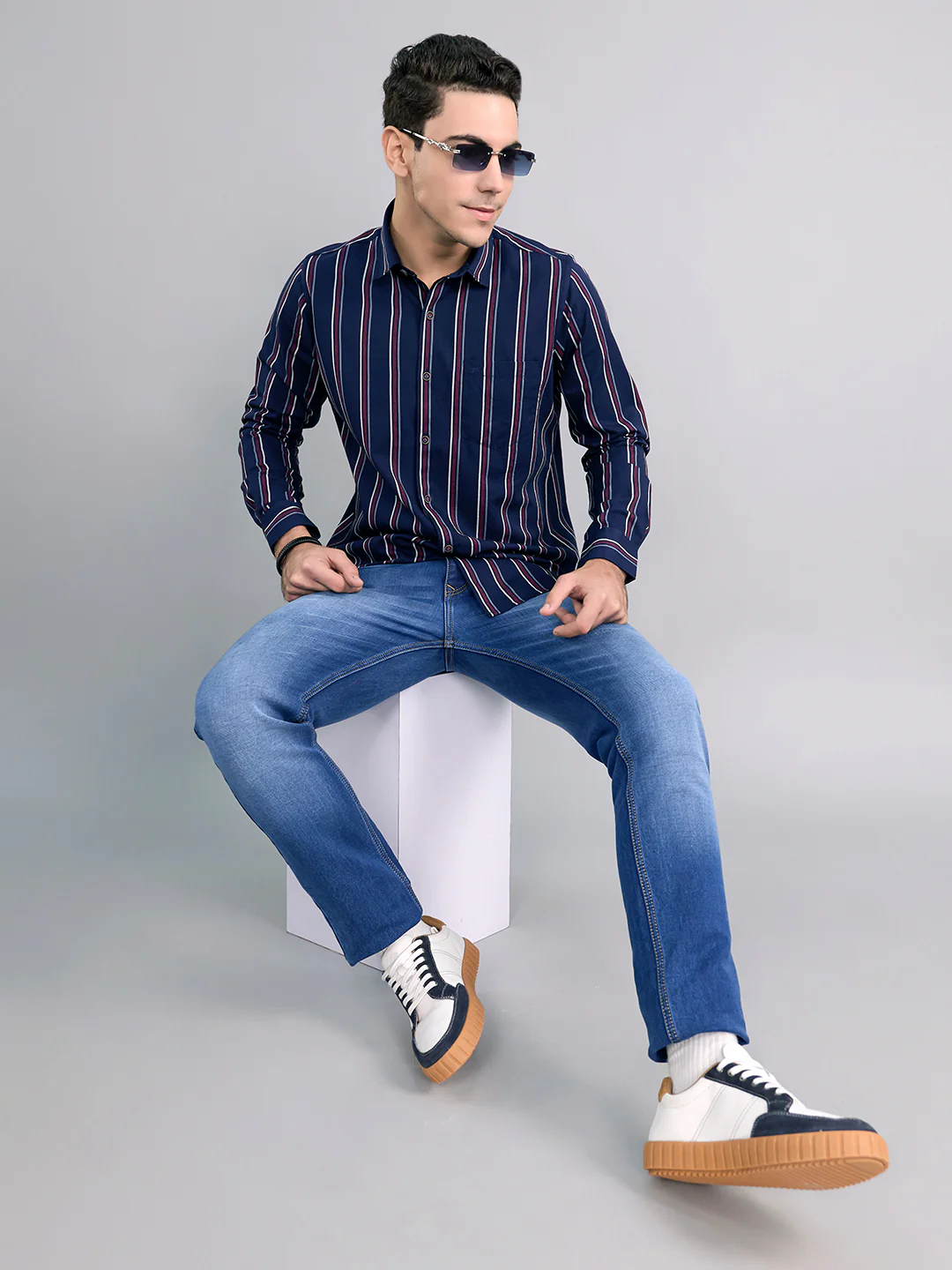 Men Navy Blue Stripe Collar Full Sleeve Shirt - Image 6
