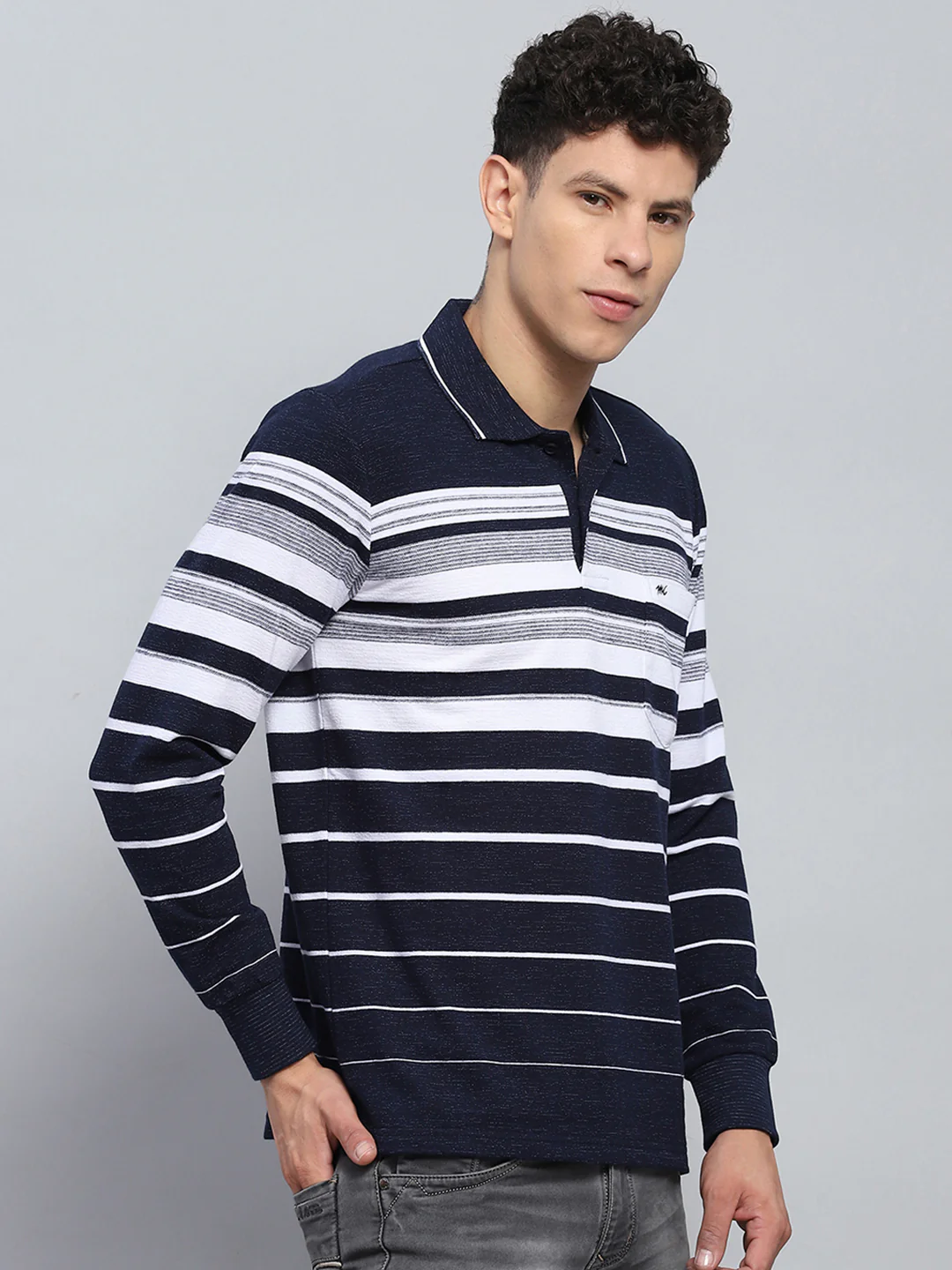 Men Navy Blue Stripe Collar Full Sleeve Winter T-Shirt - Image 3