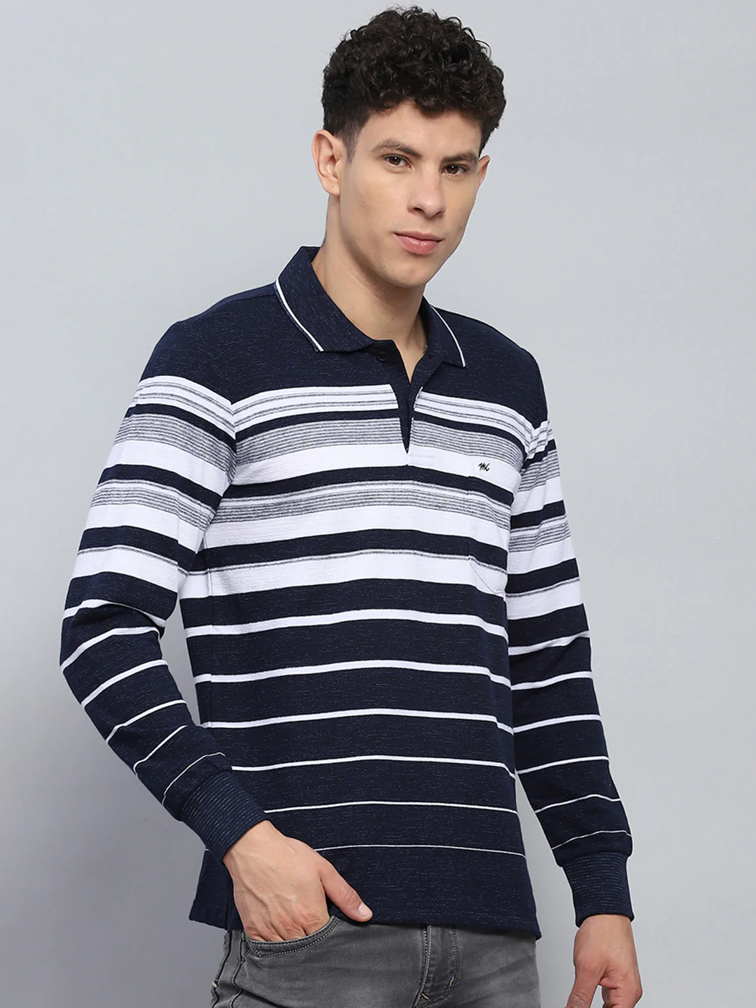 Men Navy Blue Stripe Collar Full Sleeve Winter T-Shirt - Image 4
