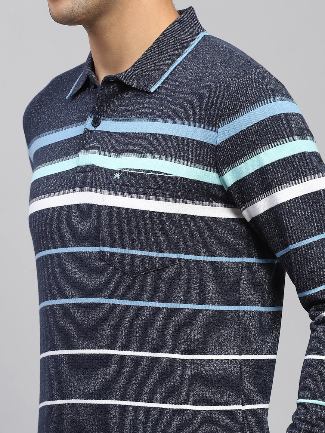 Men Navy Blue Stripe Collar Full Sleeve Winter T-Shirt - Image 6