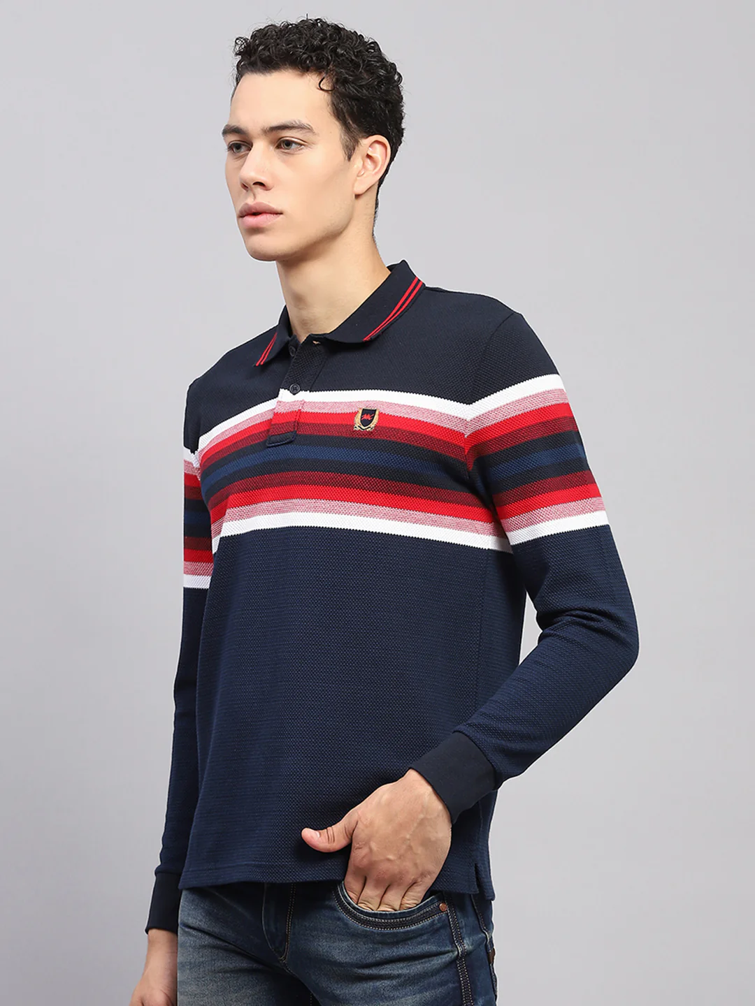 Men Navy Blue Stripe Collar Full Sleeve Winter T-Shirt - Image 3