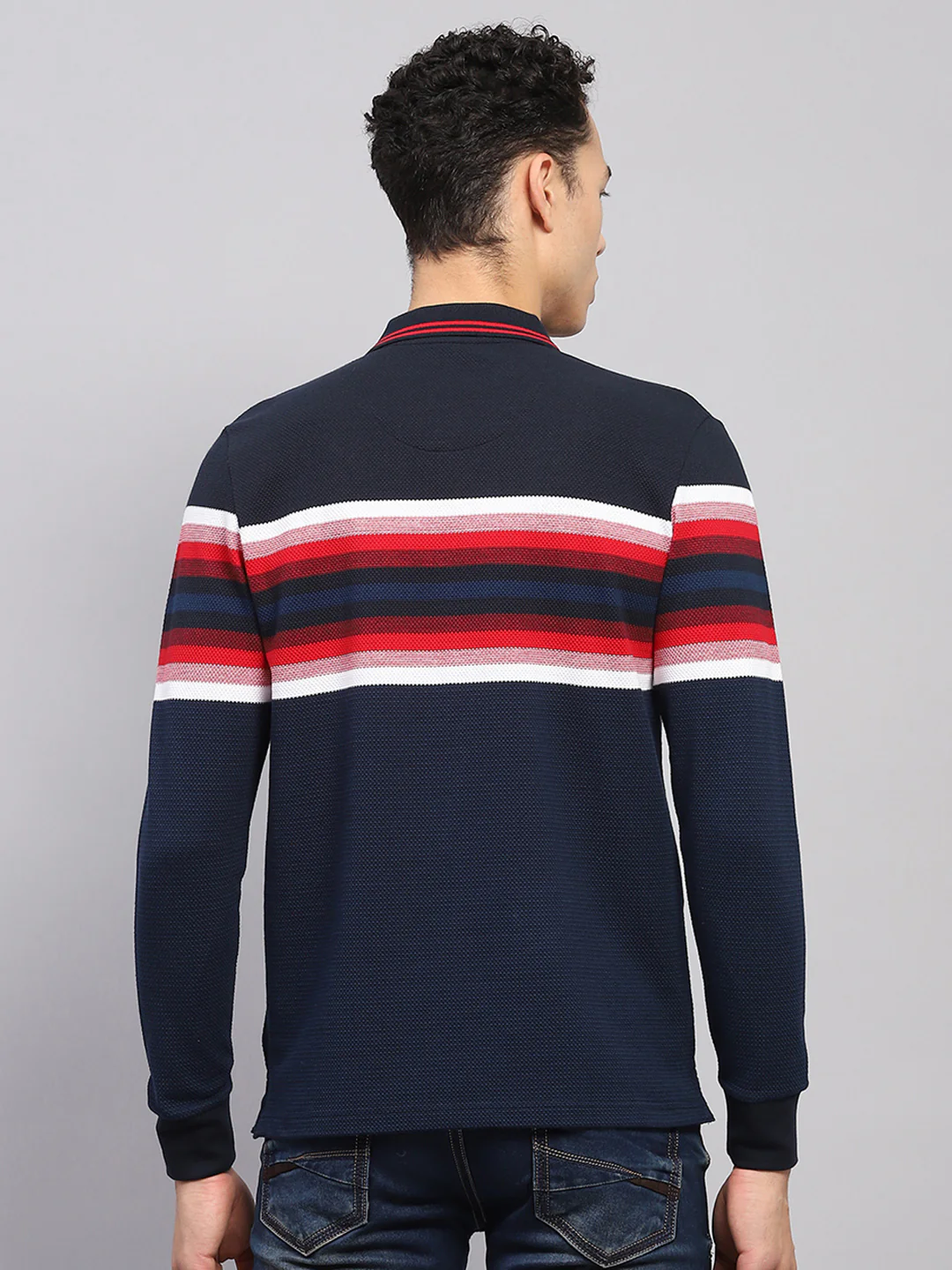 Men Navy Blue Stripe Collar Full Sleeve Winter T-Shirt - Image 5