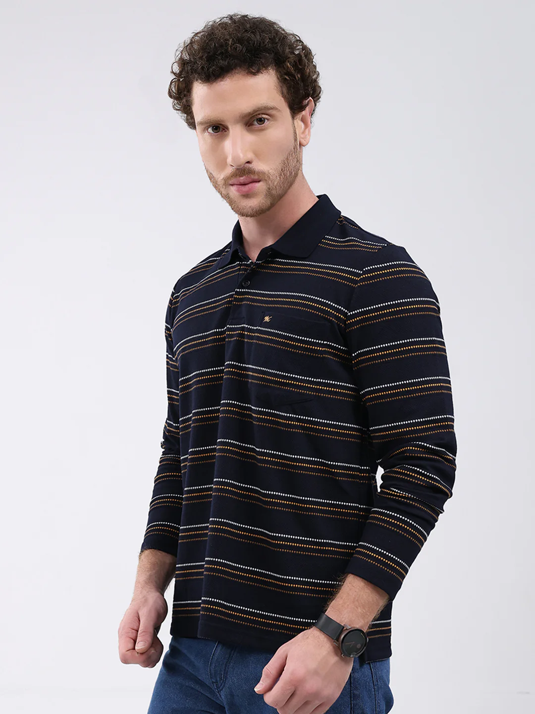 Men Navy Blue Stripe Collar Full Sleeve Winter T-Shirt - Image 3