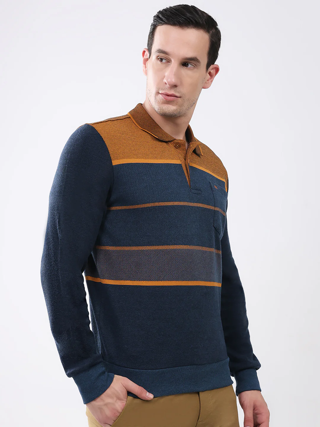 Men Navy Blue Stripe Collar Full Sleeve Winter T-Shirt - Image 4
