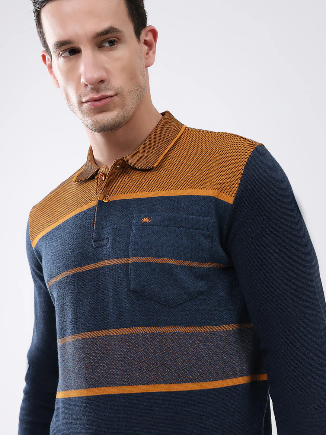Men Navy Blue Stripe Collar Full Sleeve Winter T-Shirt - Image 6