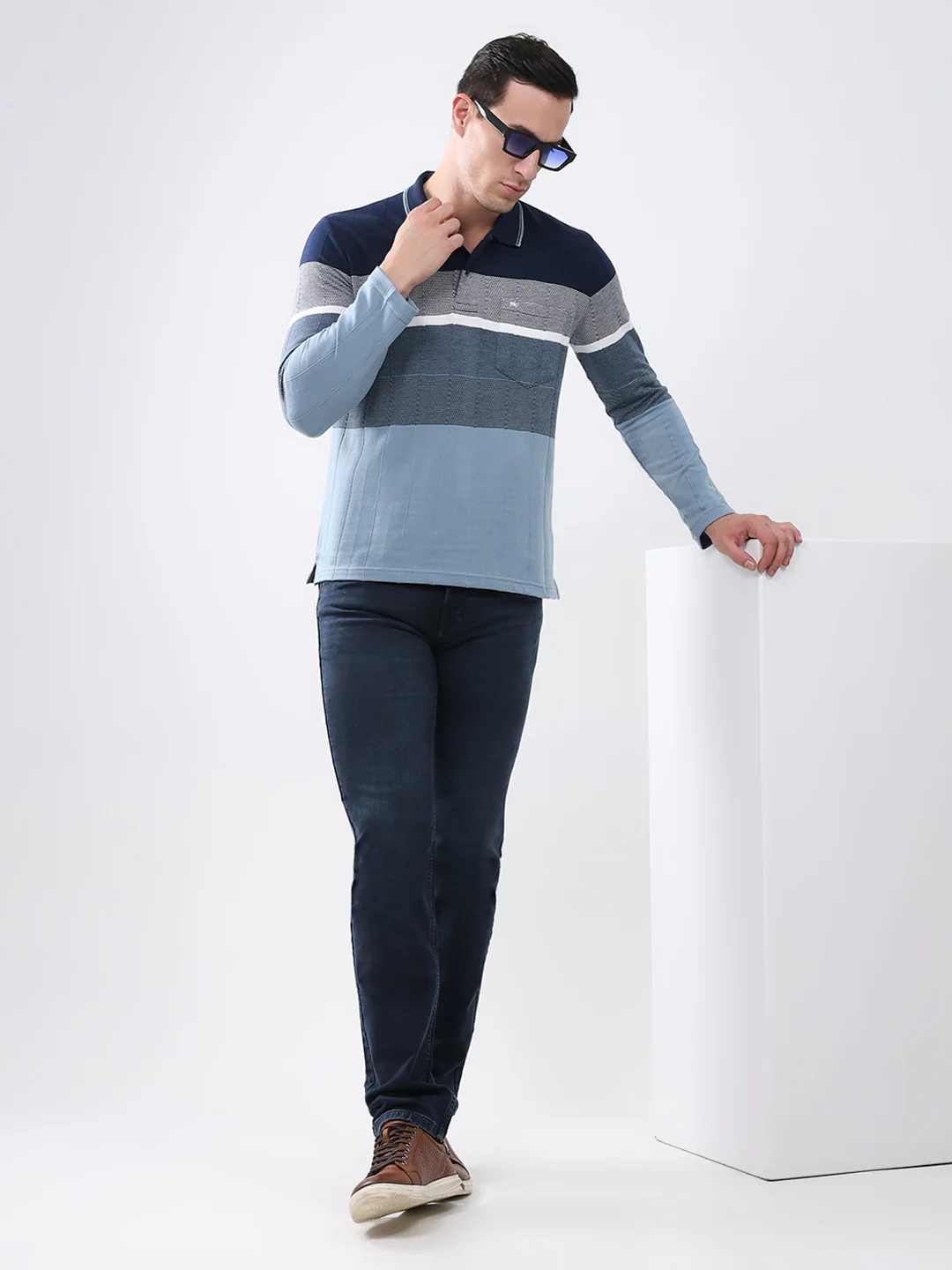 Men Navy Blue Stripe Collar Full Sleeve Winter T-Shirt - Image 2