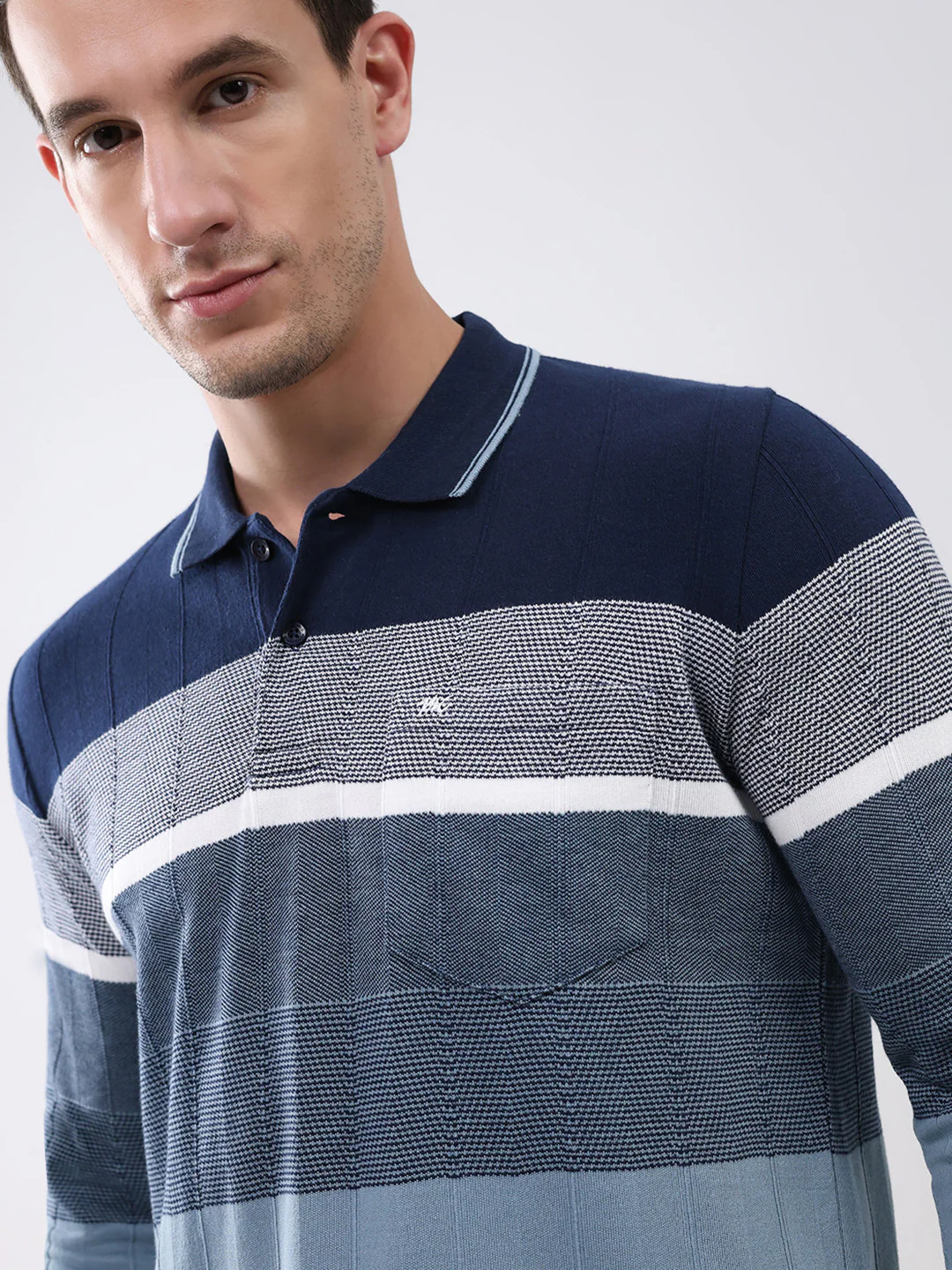 Men Navy Blue Stripe Collar Full Sleeve Winter T-Shirt - Image 6