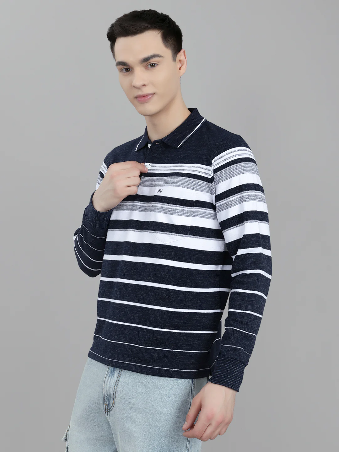 Men Navy Blue Stripe Collar Full Sleeve Winter T-Shirt - Image 2