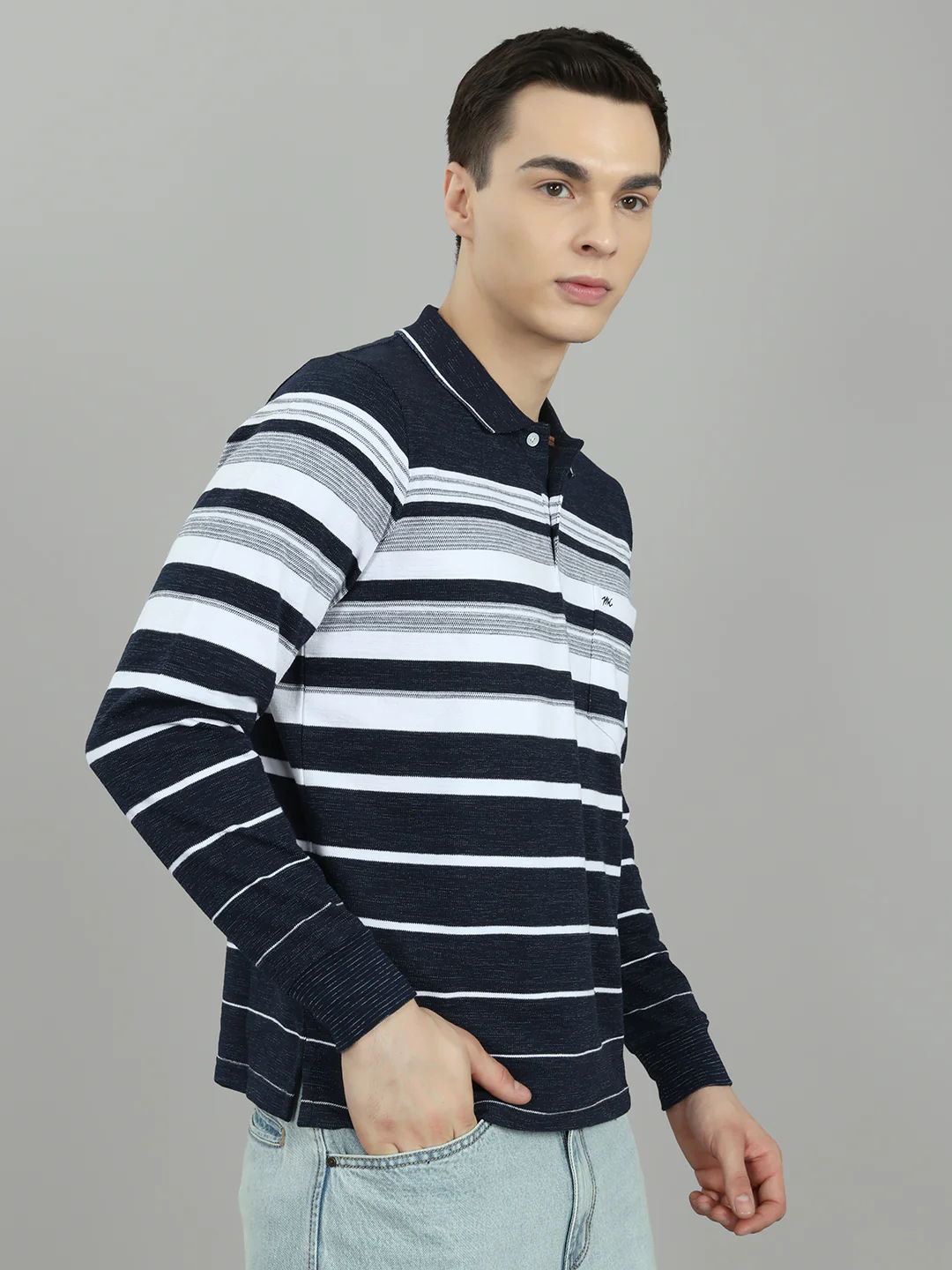 Men Navy Blue Stripe Collar Full Sleeve Winter T-Shirt - Image 3