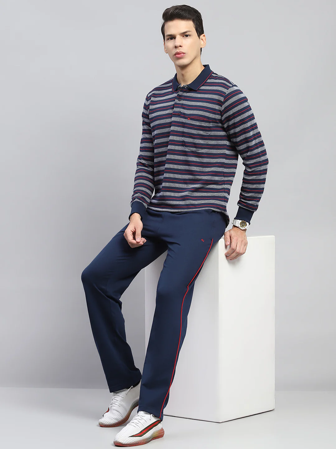 Men Navy Blue Stripe Collar Full Sleeve Winter Tracksuit - Image 2
