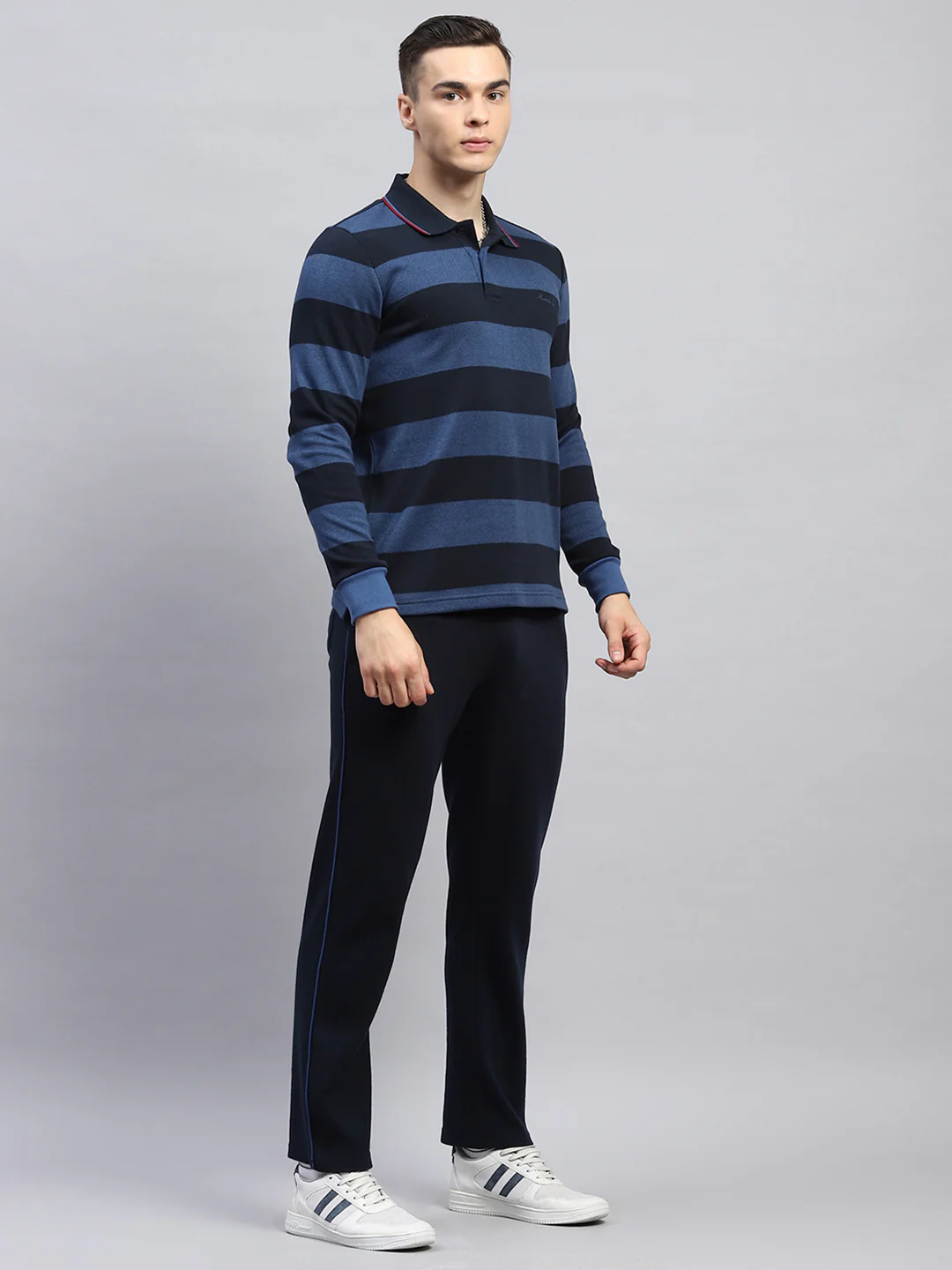 Men Navy Blue Stripe Collar Full Sleeve Winter Tracksuit - Image 4