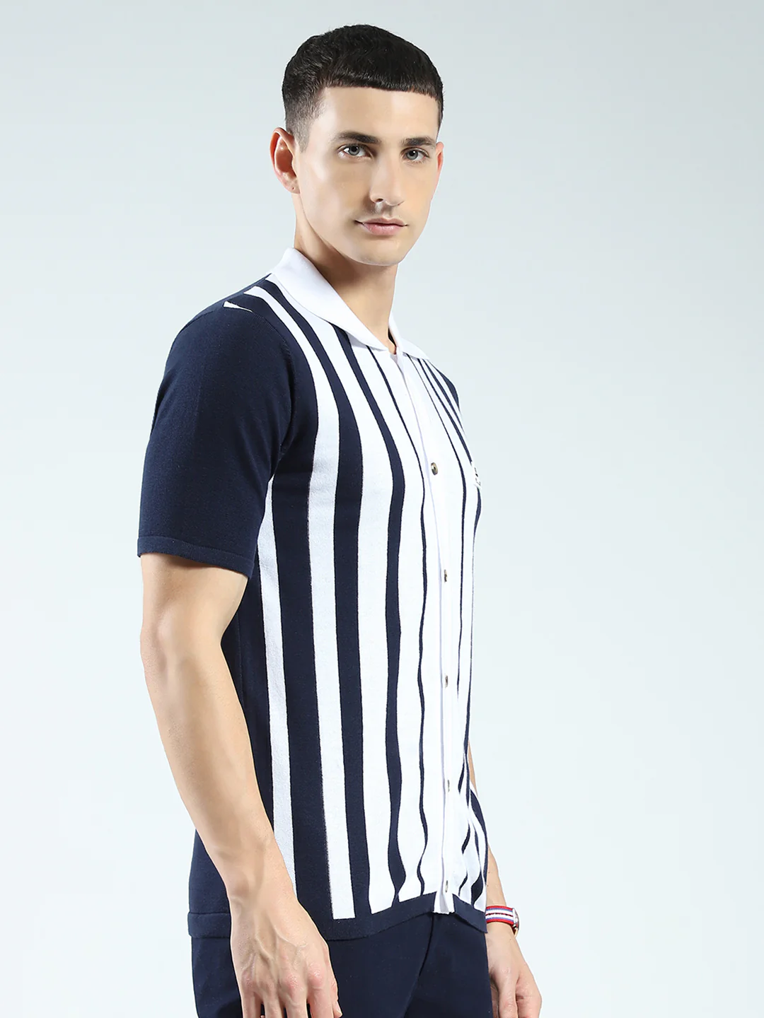 Rock.it Men Navy Blue Stripe Collar Half Sleeve Shirt - Image 4