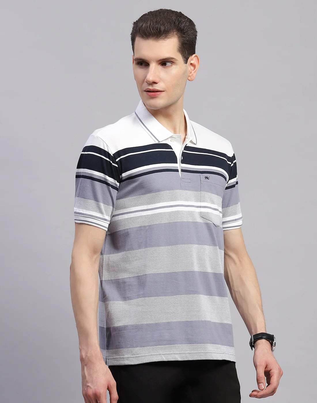 Men Navy Blue Stripe Collar Half Sleeve T-Shirt - Image 4