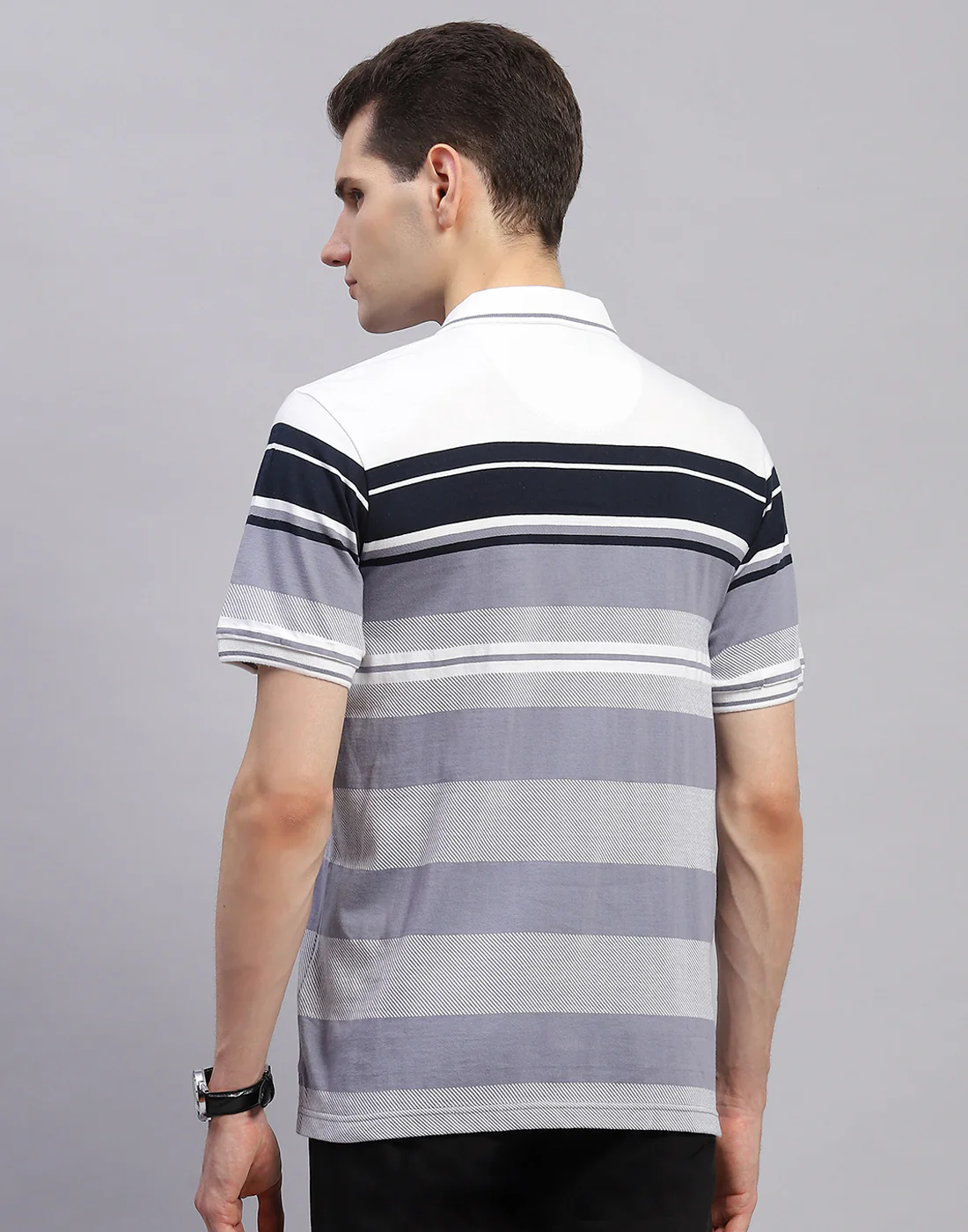Men Navy Blue Stripe Collar Half Sleeve T-Shirt - Image 5