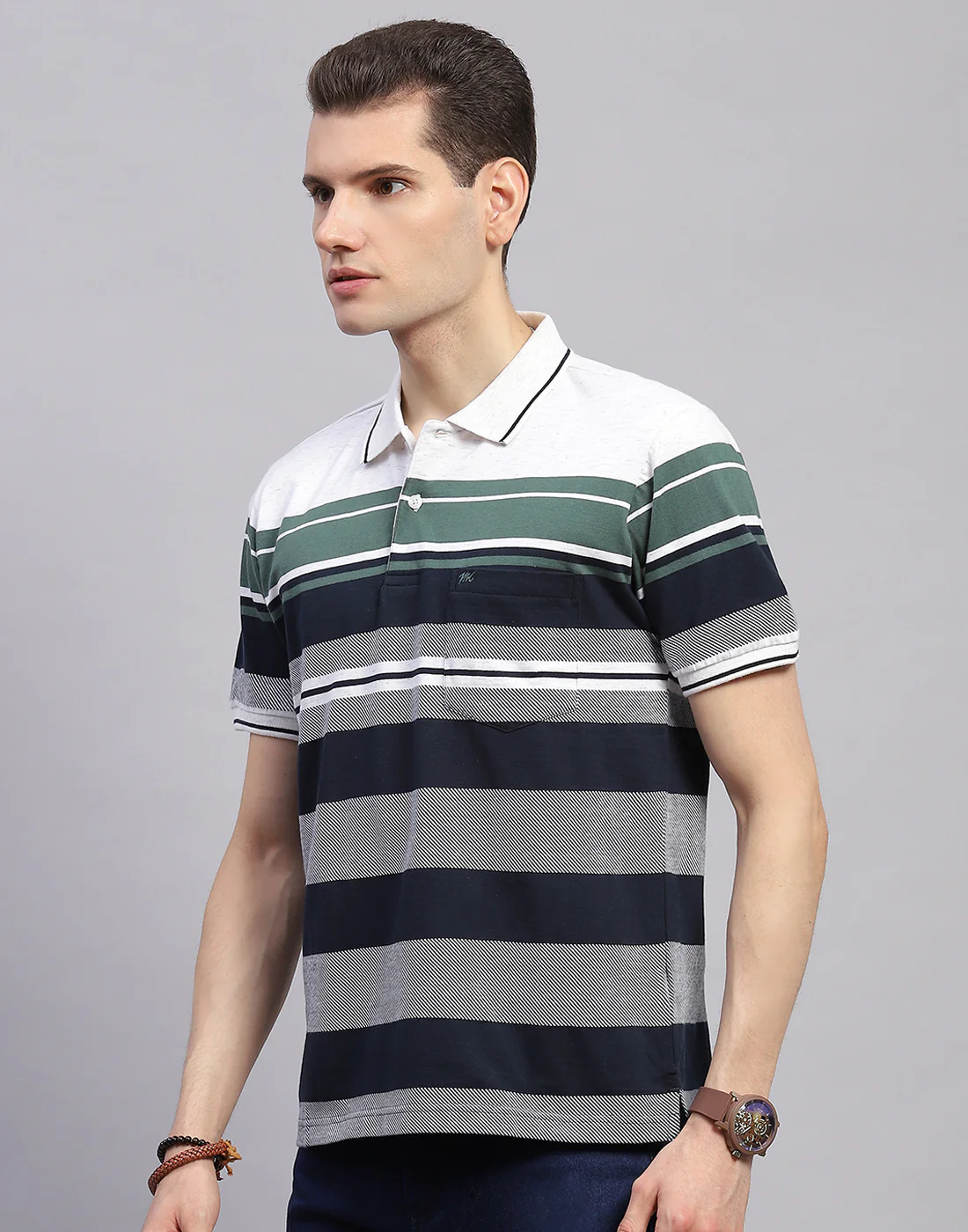 Men Navy Blue Stripe Collar Half Sleeve T-Shirt - Image 3