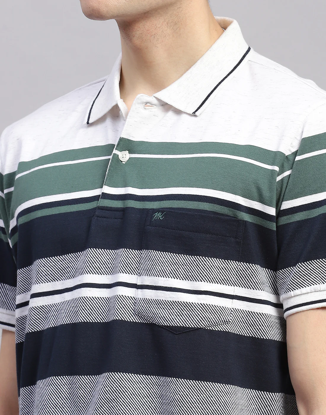 Men Navy Blue Stripe Collar Half Sleeve T-Shirt - Image 6