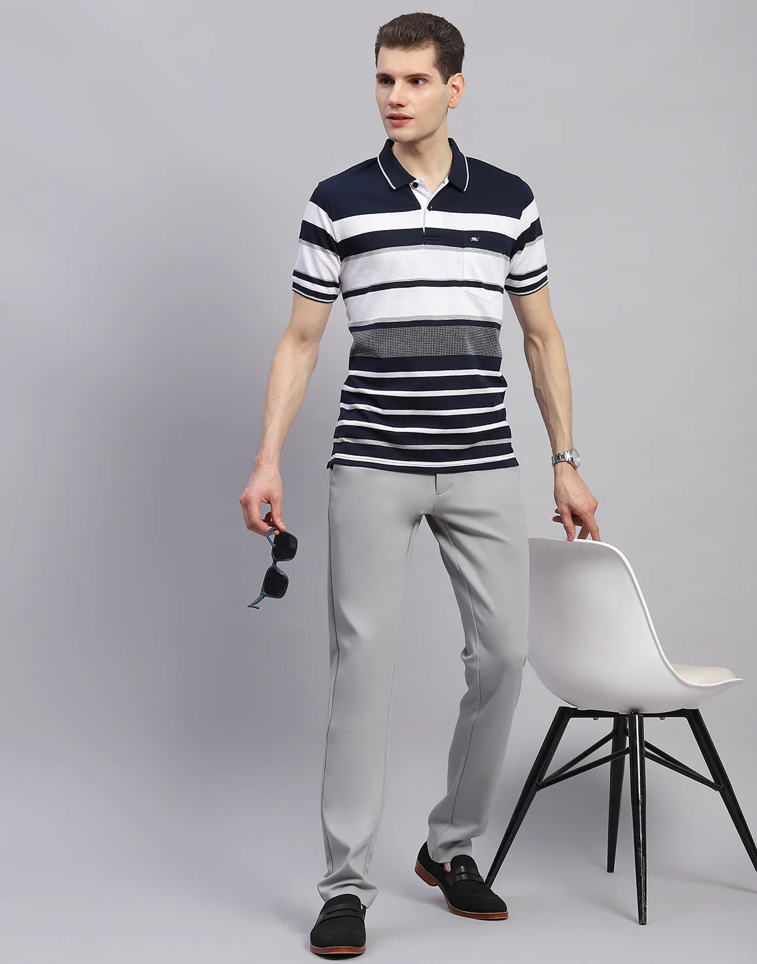 Men Navy Blue Stripe Collar Half Sleeve T-Shirt - Image 2