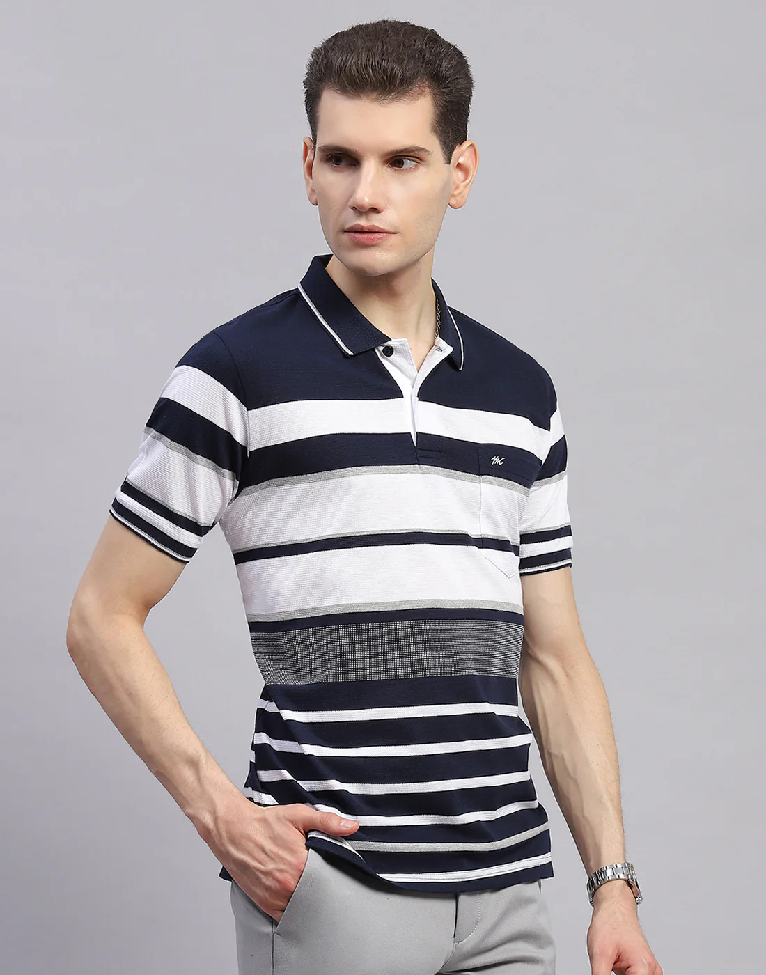 Men Navy Blue Stripe Collar Half Sleeve T-Shirt - Image 4