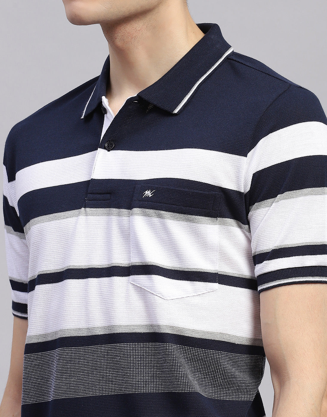 Men Navy Blue Stripe Collar Half Sleeve T-Shirt - Image 6