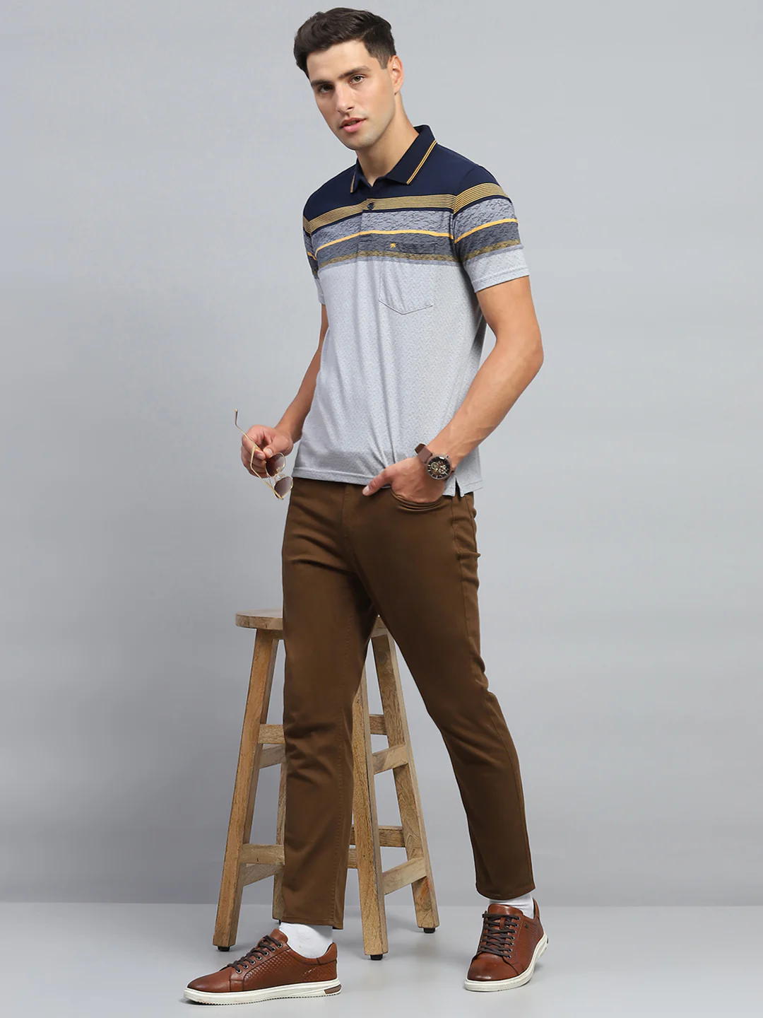Men Navy Blue Stripe Collar Half Sleeve T-Shirt - Image 2