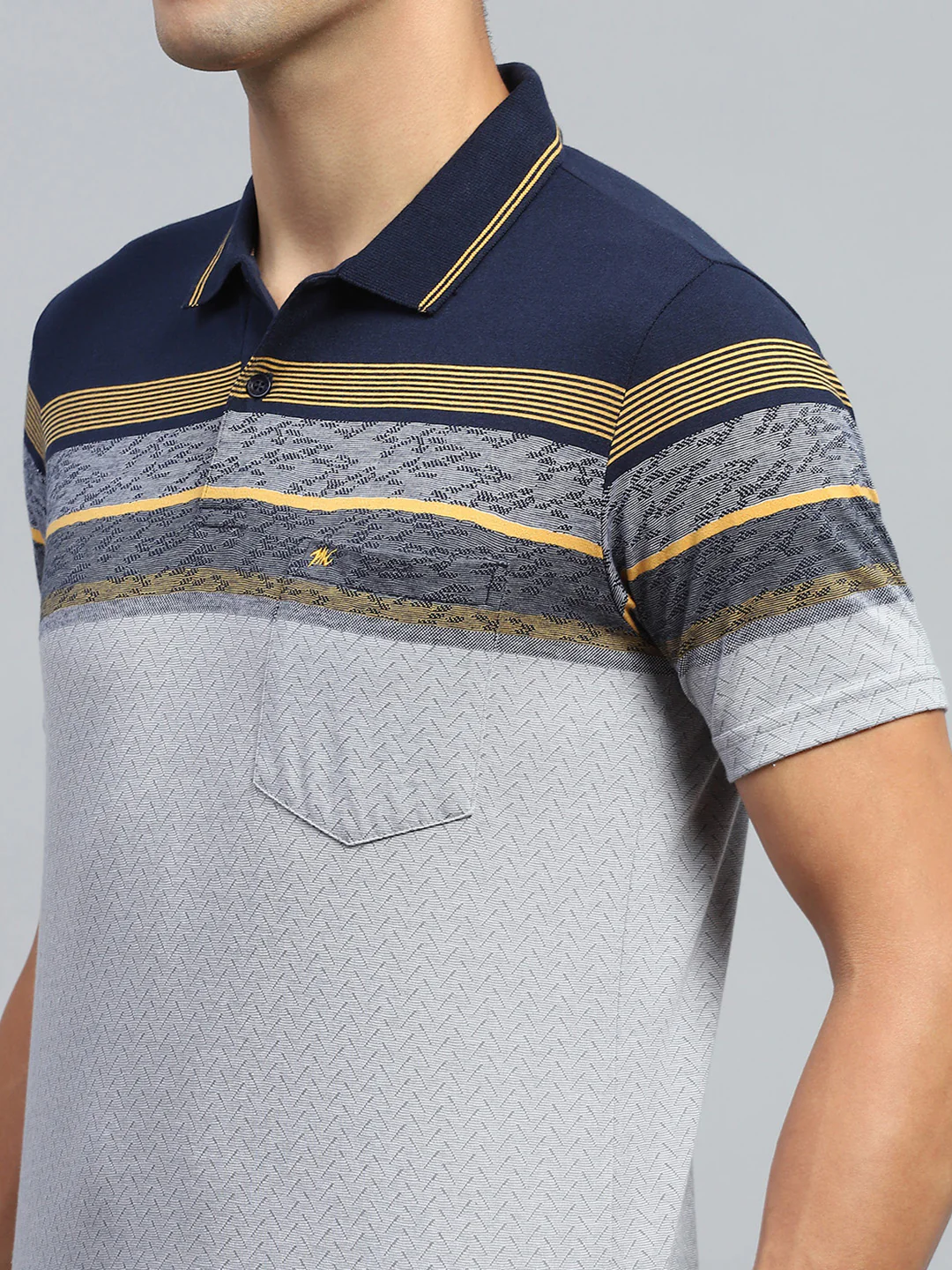 Men Navy Blue Stripe Collar Half Sleeve T-Shirt - Image 6