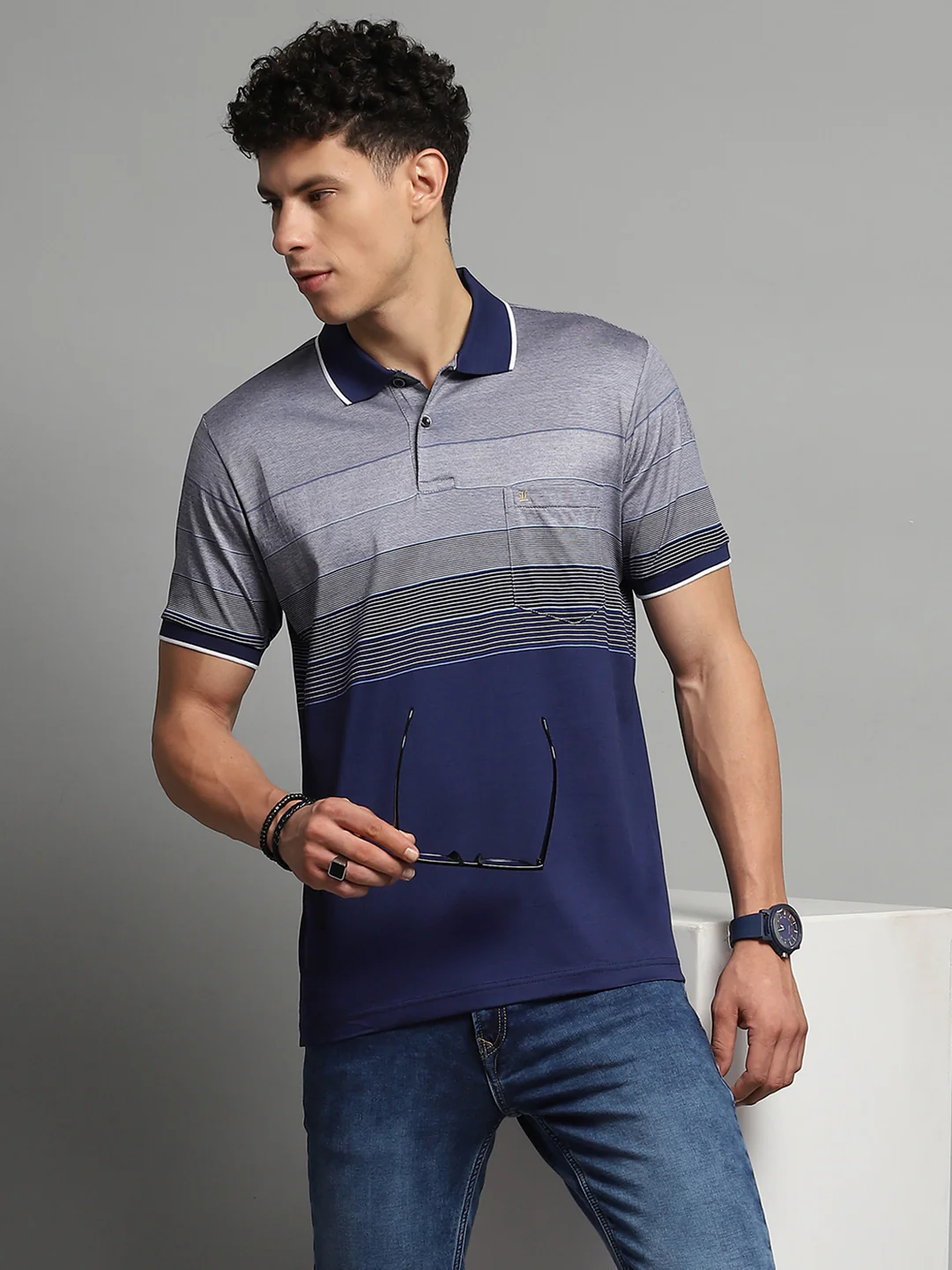 Luxuria Men Navy Blue Stripe Collar Half Sleeve T-Shirt - Image 6