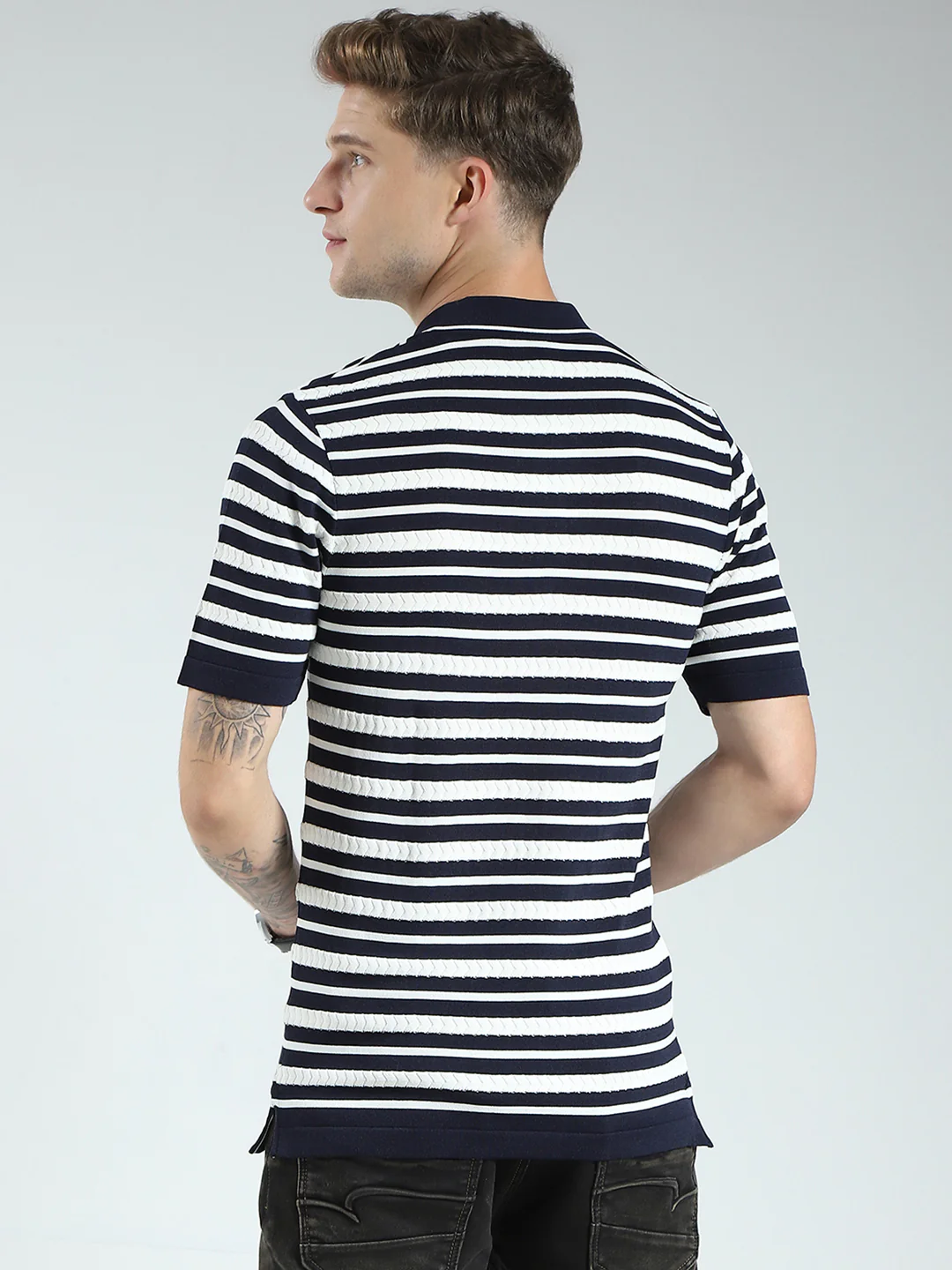 Men Navy Blue Stripe Collar Half Sleeve T-Shirt - Image 5
