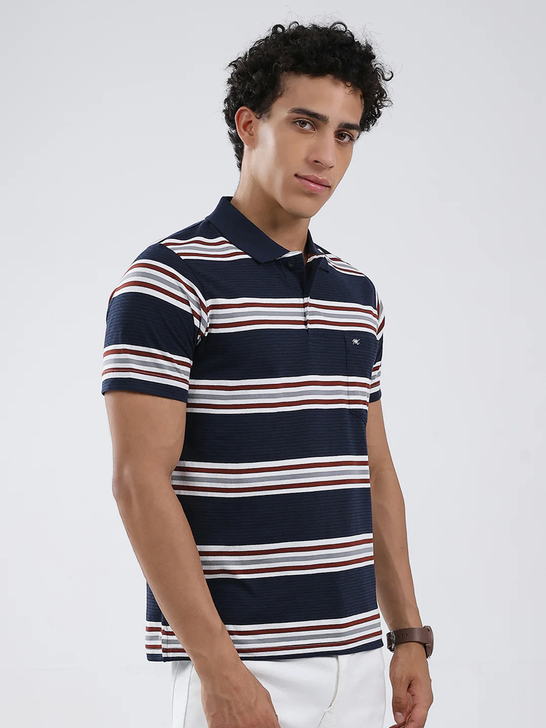 Men Navy Blue Stripe Collar Half Sleeve T-Shirt - Image 4