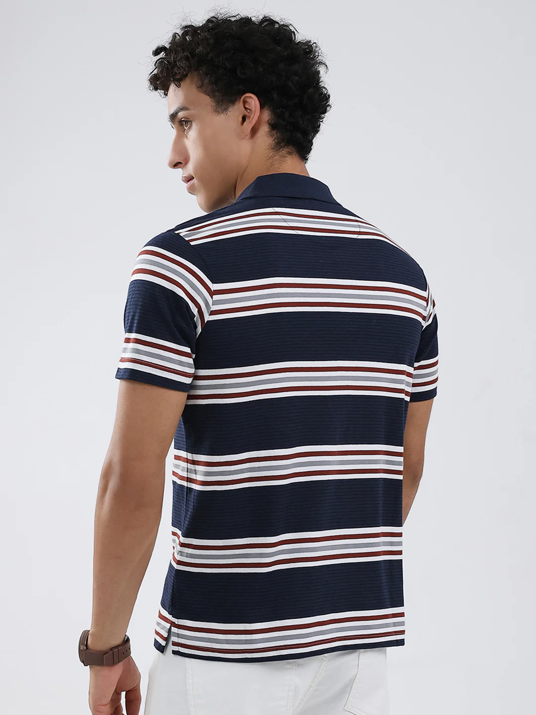 Men Navy Blue Stripe Collar Half Sleeve T-Shirt - Image 5