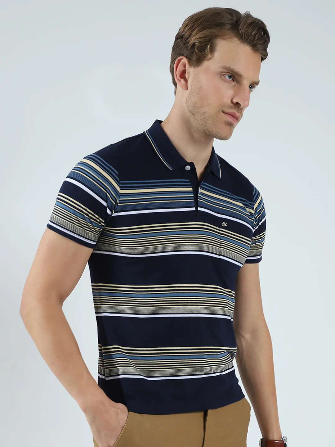 Men Navy Blue Stripe Collar Half Sleeve T-Shirt - Image 4