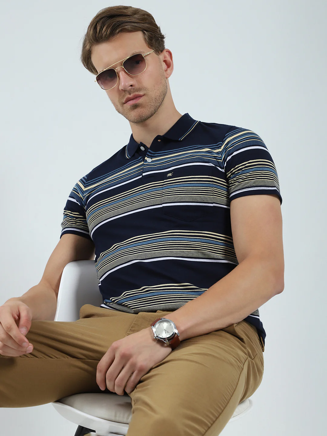 Men Navy Blue Stripe Collar Half Sleeve T-Shirt - Image 6