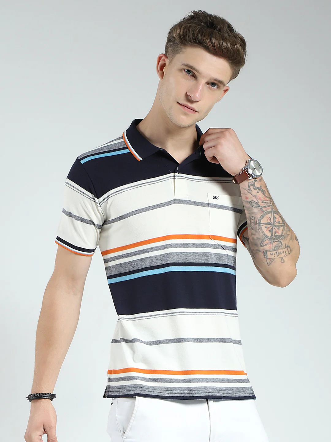 Men Navy Blue Stripe Collar Half Sleeve T-Shirt - Image 4