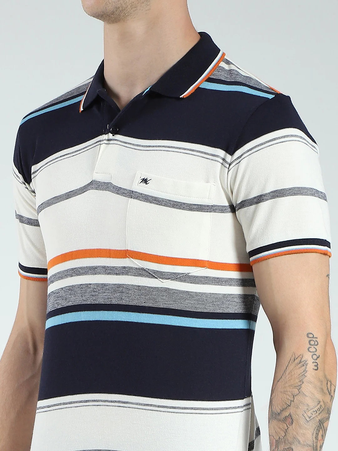 Men Navy Blue Stripe Collar Half Sleeve T-Shirt - Image 7