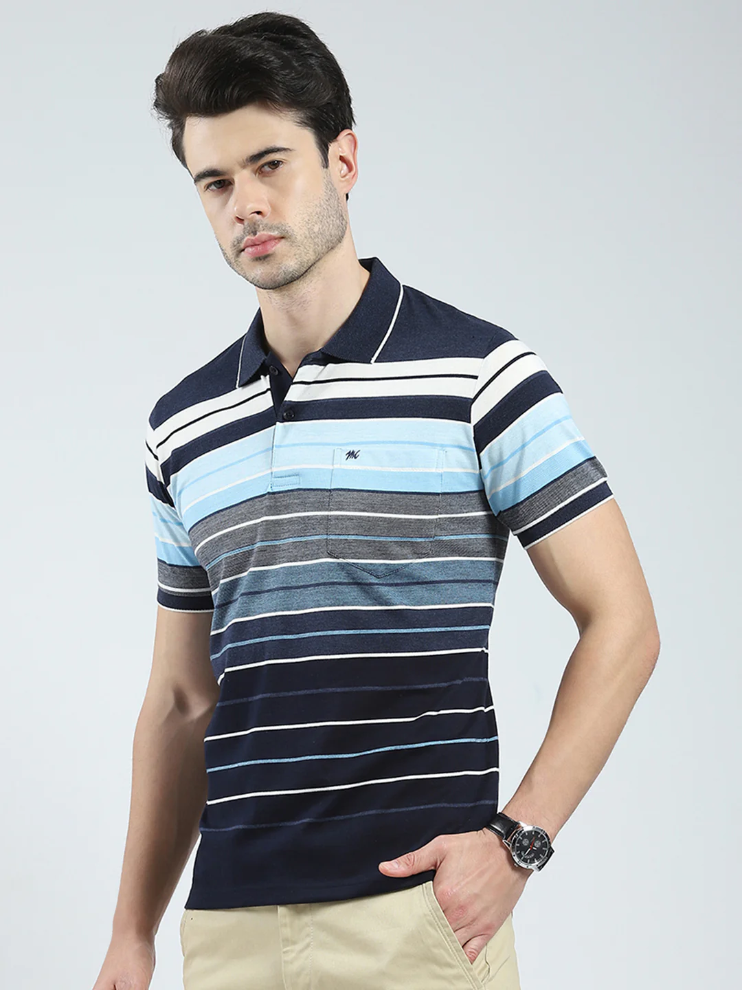 Men Navy Blue Stripe Collar Half Sleeve T-Shirt - Image 3