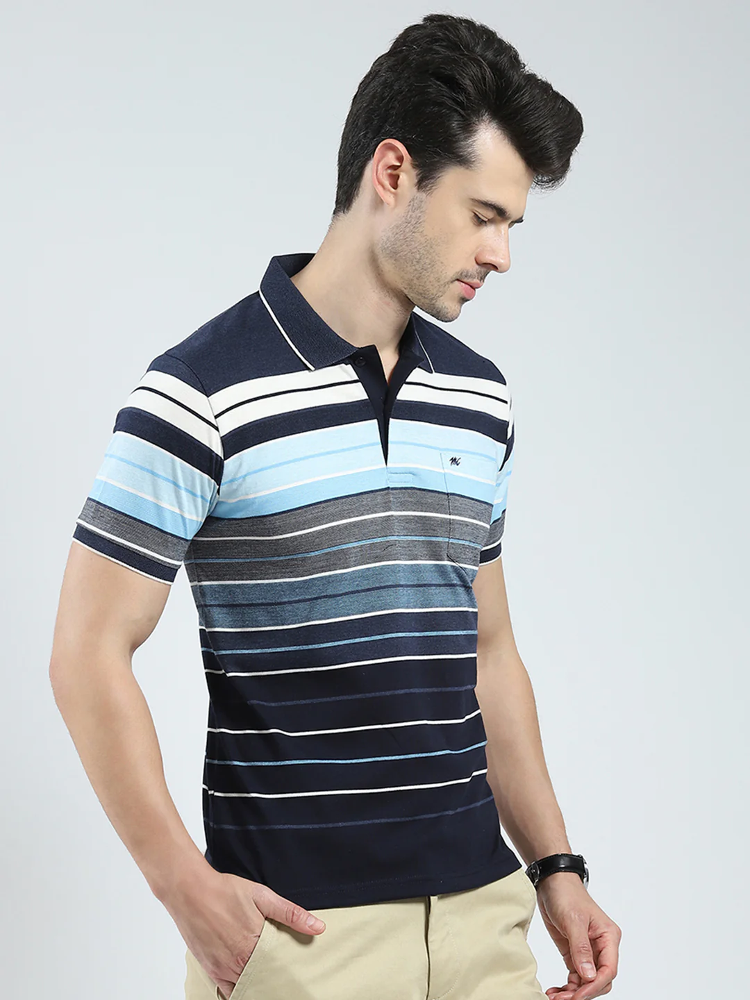 Men Navy Blue Stripe Collar Half Sleeve T-Shirt - Image 4