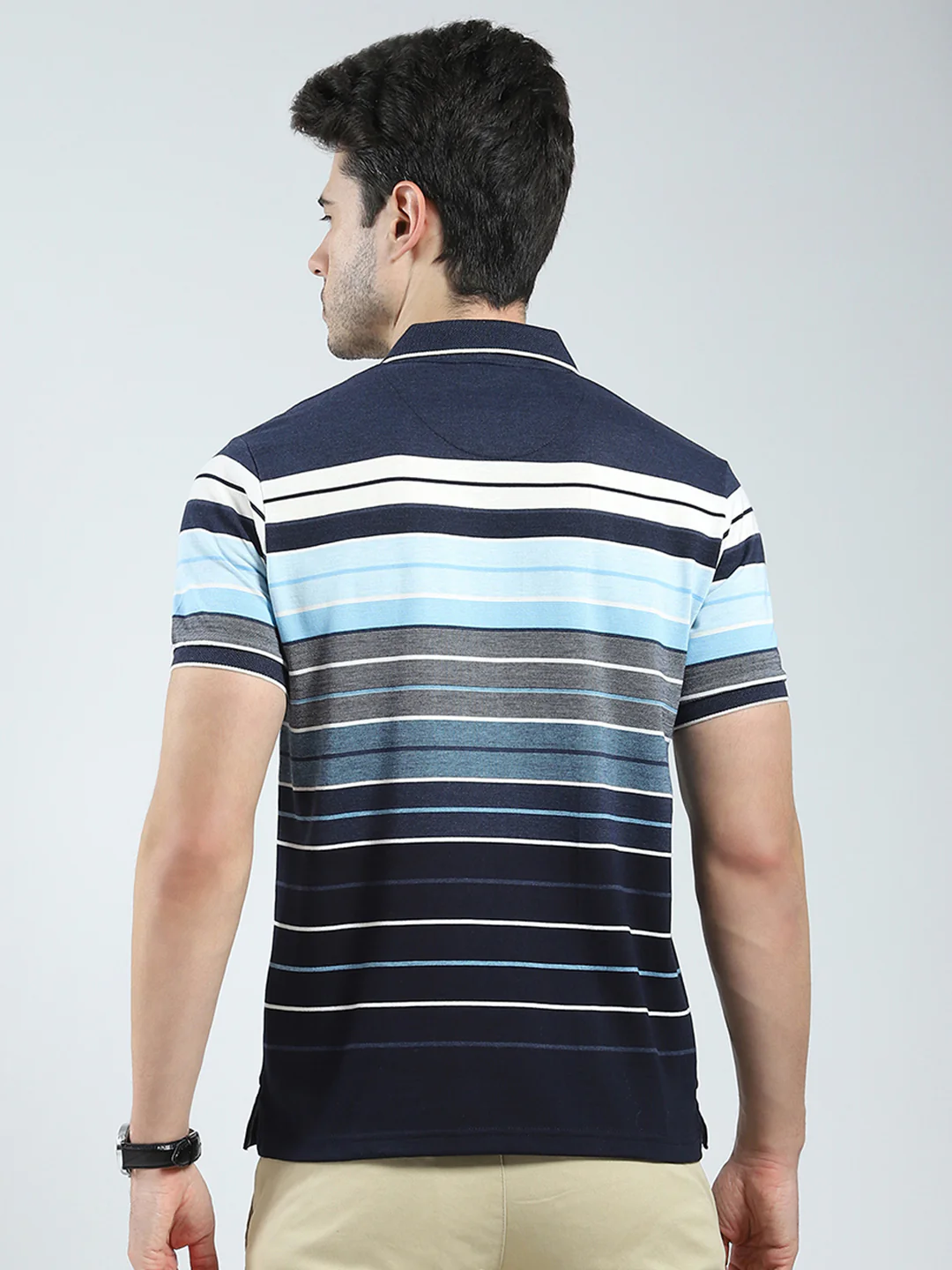 Men Navy Blue Stripe Collar Half Sleeve T-Shirt - Image 5