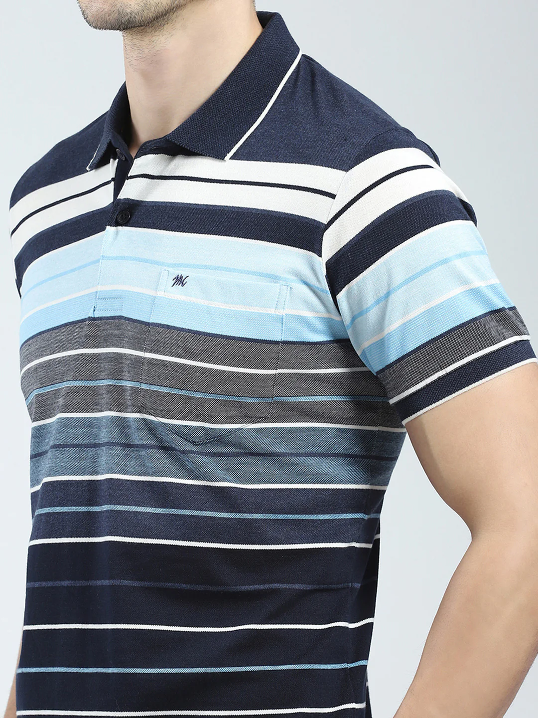 Men Navy Blue Stripe Collar Half Sleeve T-Shirt - Image 6