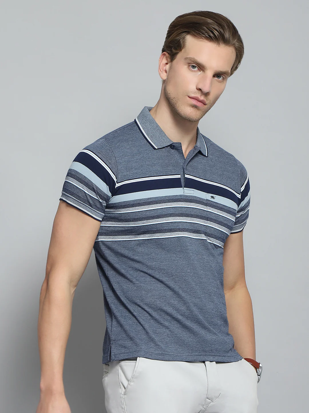 Men Navy Blue Stripe Collar Half Sleeve T-Shirt - Image 4