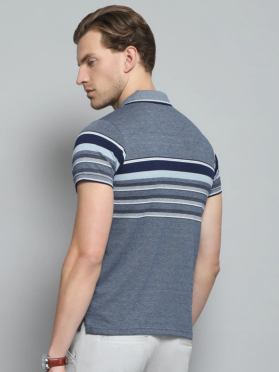 Men Navy Blue Stripe Collar Half Sleeve T-Shirt - Image 5