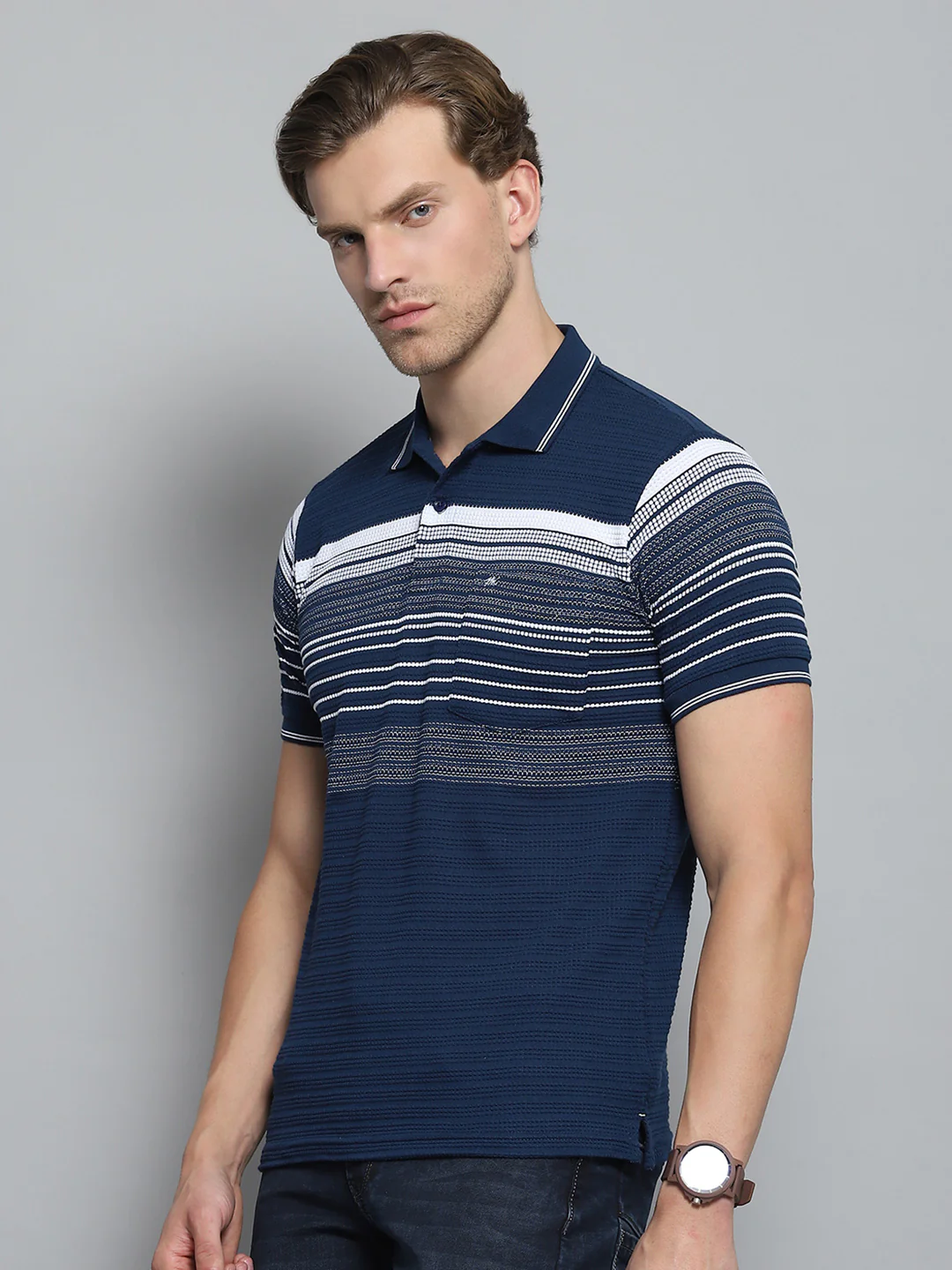 Men Navy Blue Stripe Collar Half Sleeve T-Shirt - Image 3