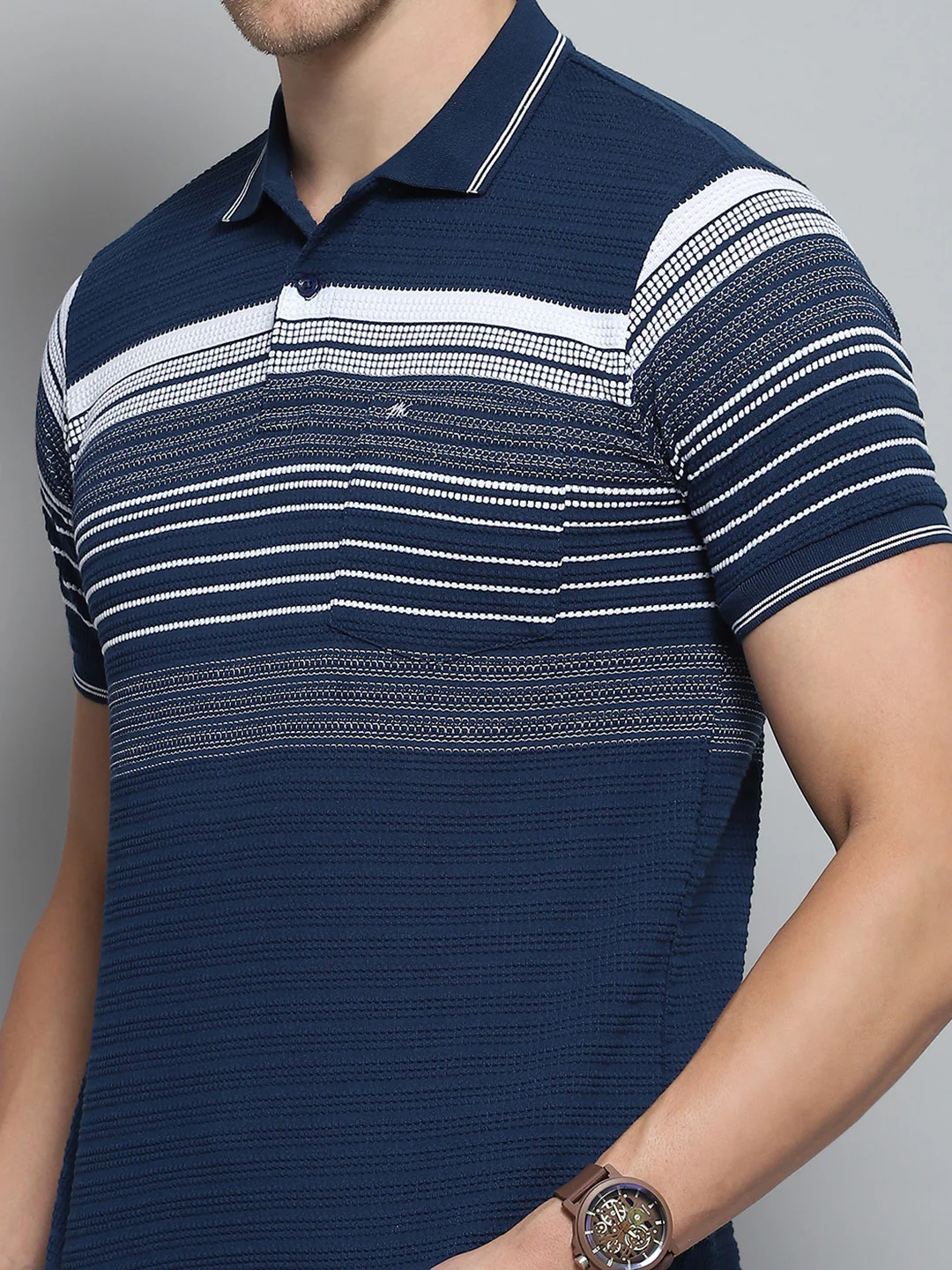 Men Navy Blue Stripe Collar Half Sleeve T-Shirt - Image 6