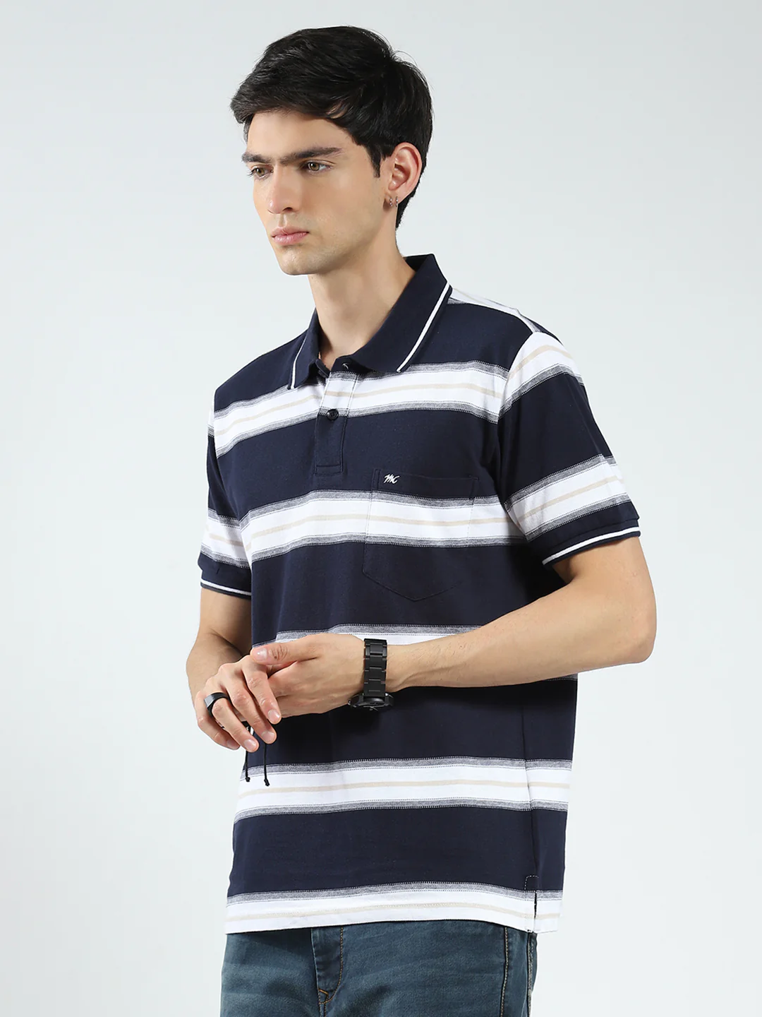 Men Navy Blue Stripe Collar Half Sleeve T-Shirt - Image 3