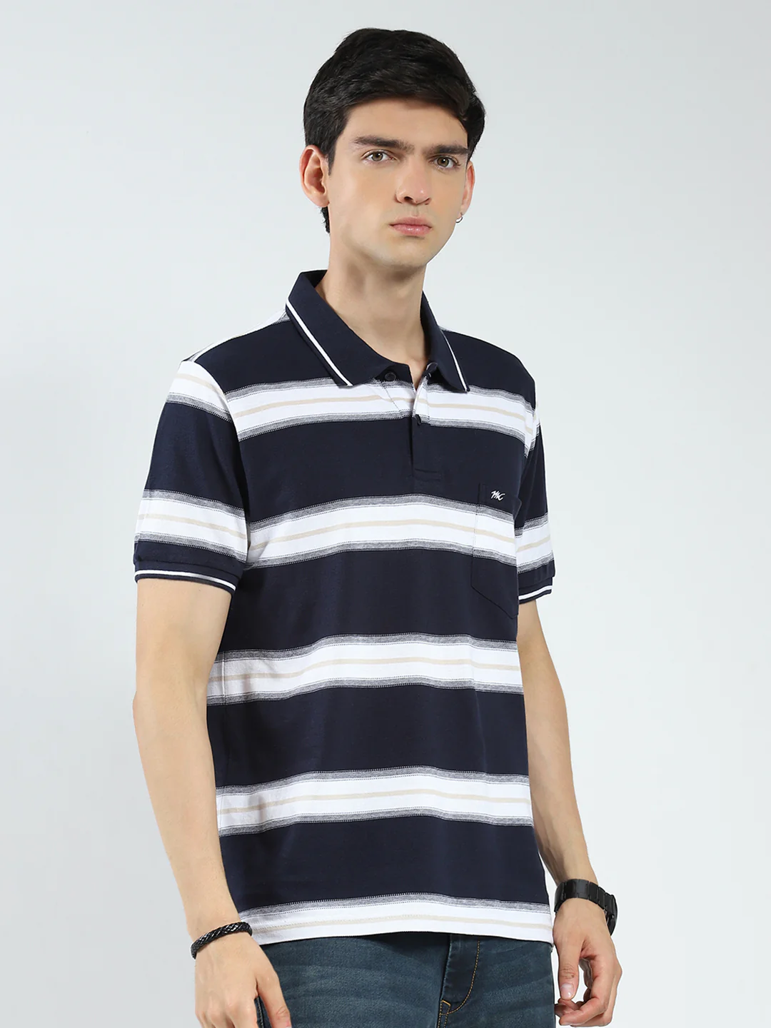 Men Navy Blue Stripe Collar Half Sleeve T-Shirt - Image 4