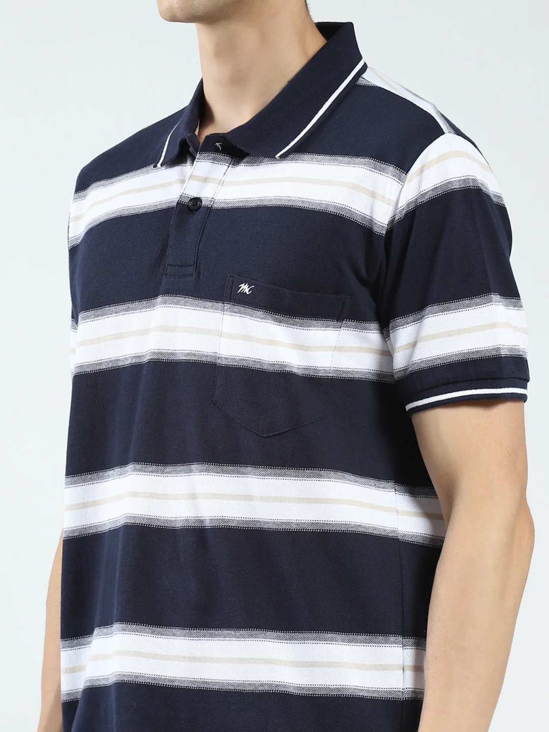 Men Navy Blue Stripe Collar Half Sleeve T-Shirt - Image 6