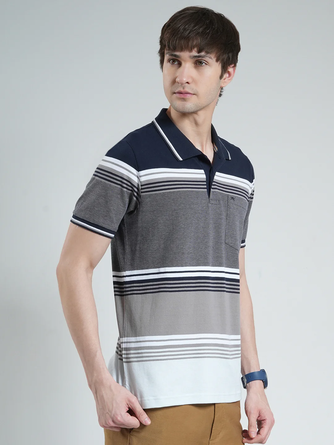 Men Navy Blue Stripe Collar Half Sleeve T-Shirt - Image 4