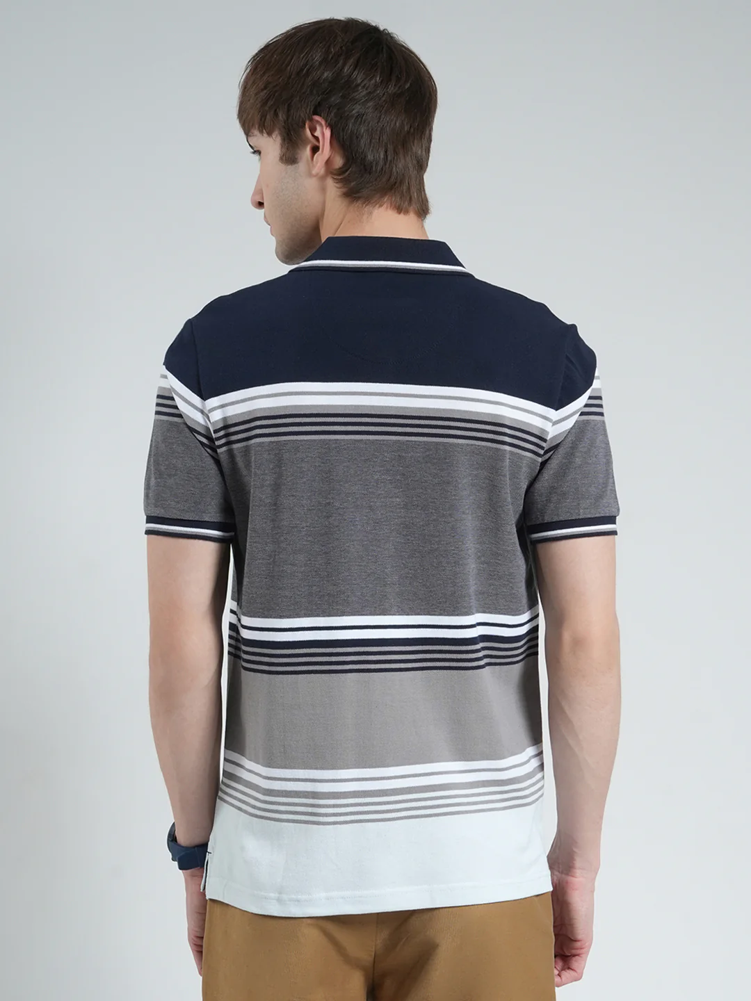 Men Navy Blue Stripe Collar Half Sleeve T-Shirt - Image 5