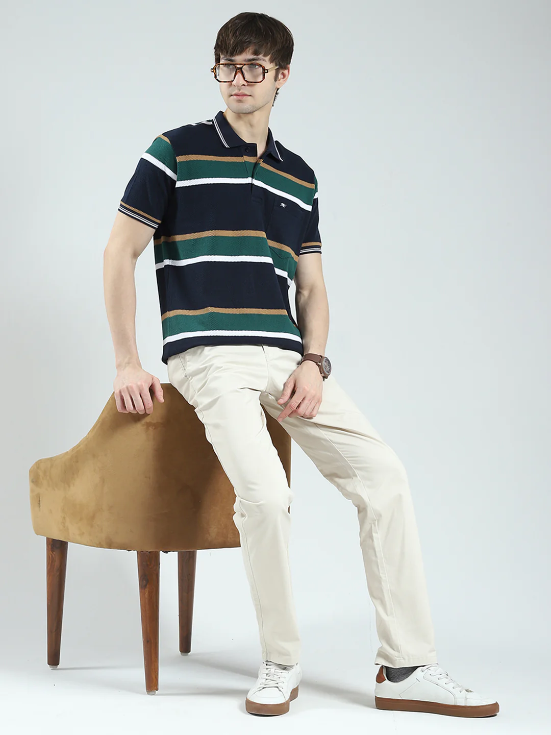 Men Navy Blue Stripe Collar Half Sleeve T-Shirt - Image 2