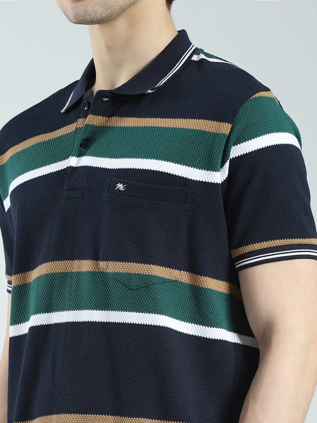 Men Navy Blue Stripe Collar Half Sleeve T-Shirt - Image 6
